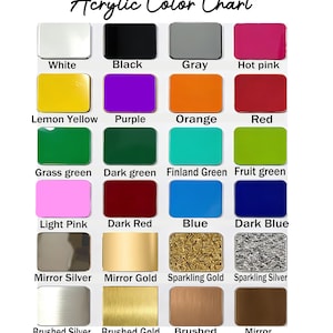 May include: An acrylic color chart featuring twenty-four rectangular swatches arranged in a grid. Each swatch is labeled with its color name, including white, black, gray, hot pink, lemon yellow, purple, orange, red, green shades, blue shades, and metallic finishes like mirror, sparkling, and brushed gold, silver, and rose gold.