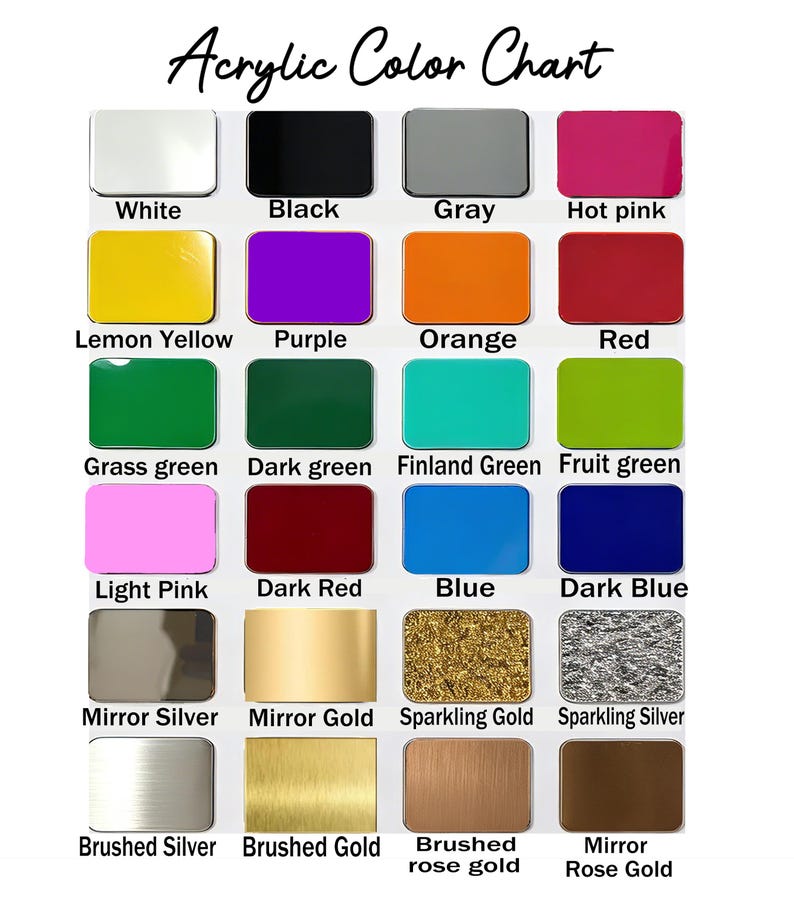 May include: An acrylic color chart featuring twenty-four rectangular swatches arranged in a grid. Each swatch is labeled with its color name, including white, black, gray, hot pink, lemon yellow, purple, orange, red, green shades, blue shades, and metallic finishes like mirror, sparkling, and brushed gold, silver, and rose gold.