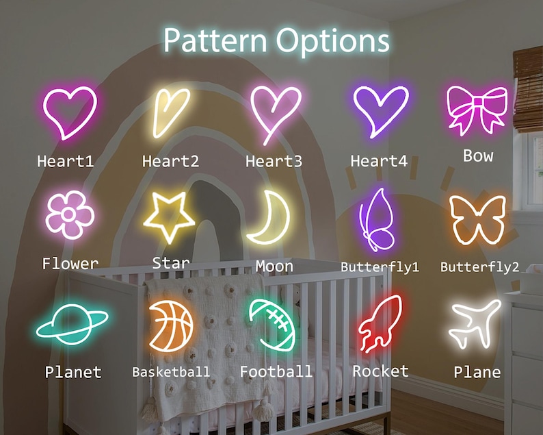 Puede incluir: Una colecci&oacute;n de iconos de luz de ne&oacute;n etiquetados como Pattern Options, que incluye formas como corazones, un lazo, flor, estrella, luna, mariposas, planeta, baloncesto, f&uacute;tbol americano, cohete y avi&oacute;n. Cada icono muestra su nombre debajo.