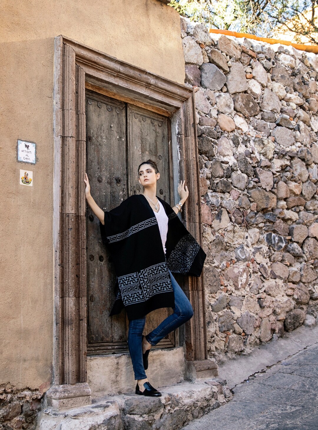 Black Cotton Ruana With Blue Embroidery Detail - Etsy