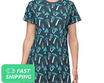 Blauwe T-shirtjurk met paddenstoelen