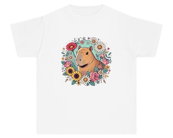 Kids Capybara Flower Youth Midweight Tee, Children's Animal Graphic Shirt, Cute Animal Lover Gift, Nature Kids Shirt, Kids Wildlife Tee,