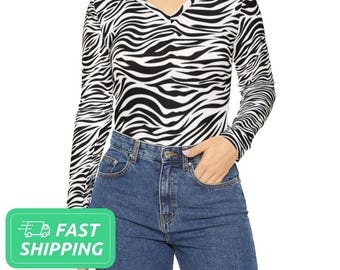 Zebra Pattern Long Sleeve V-neck Shirt / Striped Pattern Long Sleeve V-neck Shirt