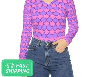 Camicia a maniche lunghe con scollo a V e motivo sirena rosa-viola / Camicia a maniche lunghe con scollo a V e motivo sirena Mer Maid / Camicia a maniche lunghe con scollo a V e motivo sirena Mermaiding