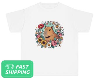 Kids Capybara Flower Youth Midweight Tee, Children's Animal Graphic Shirt, Cute Animal Lover Gift, Nature Kids Shirt, Kids Wildlife Tee,