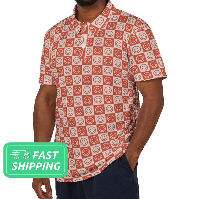 Checkered Happy Face Pattern Polo Shirt / Retro Smiley Face Pattern ...