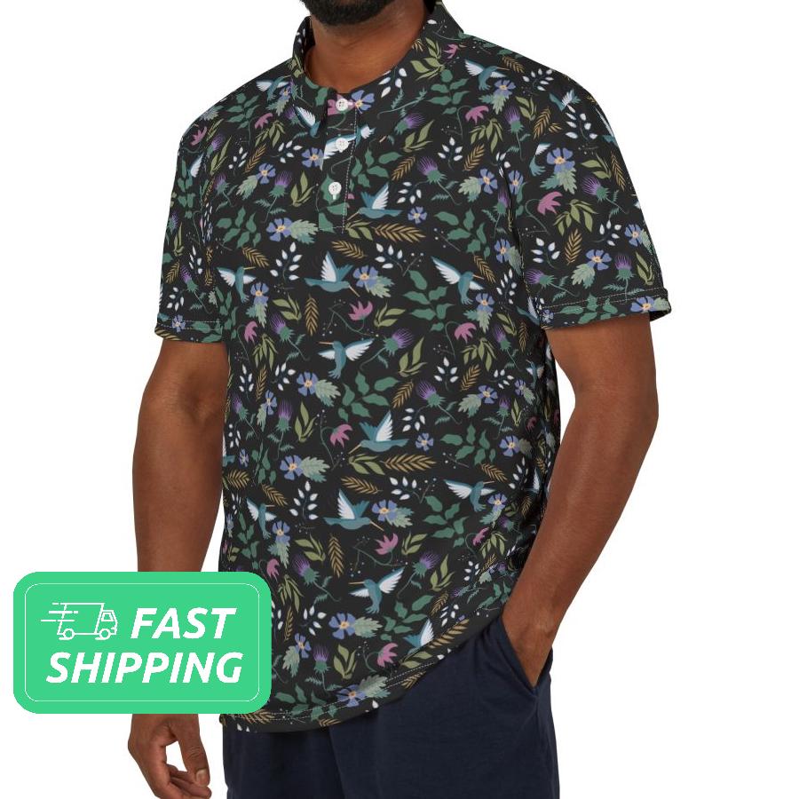 花柄ポロシャツ / ハミングバードフラワー柄ポロシャツ / 半袖襟付き
