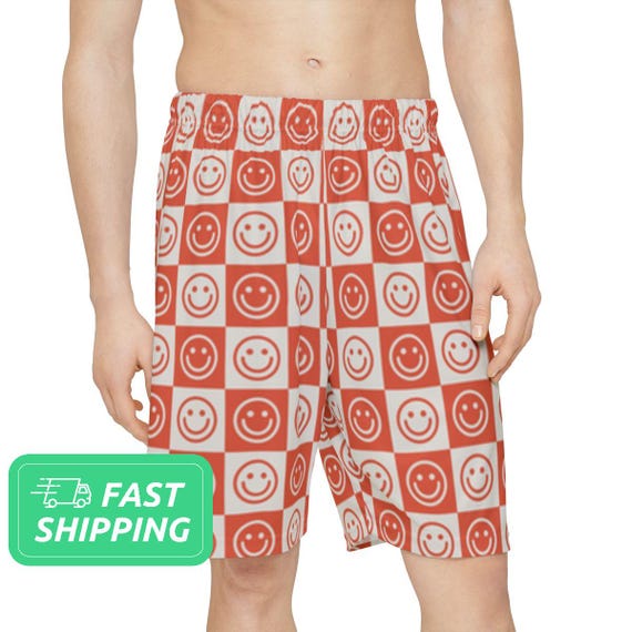 Checkered Happy Face Pattern Men's Sports Shorts Retro Smiley