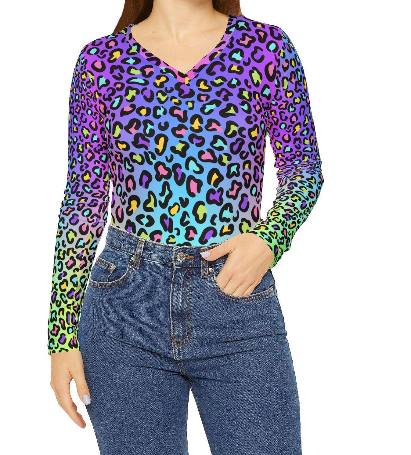 Rainbow Leopard Long Sleeve V-neck Shirt / Cheetah Long Sleeve V 