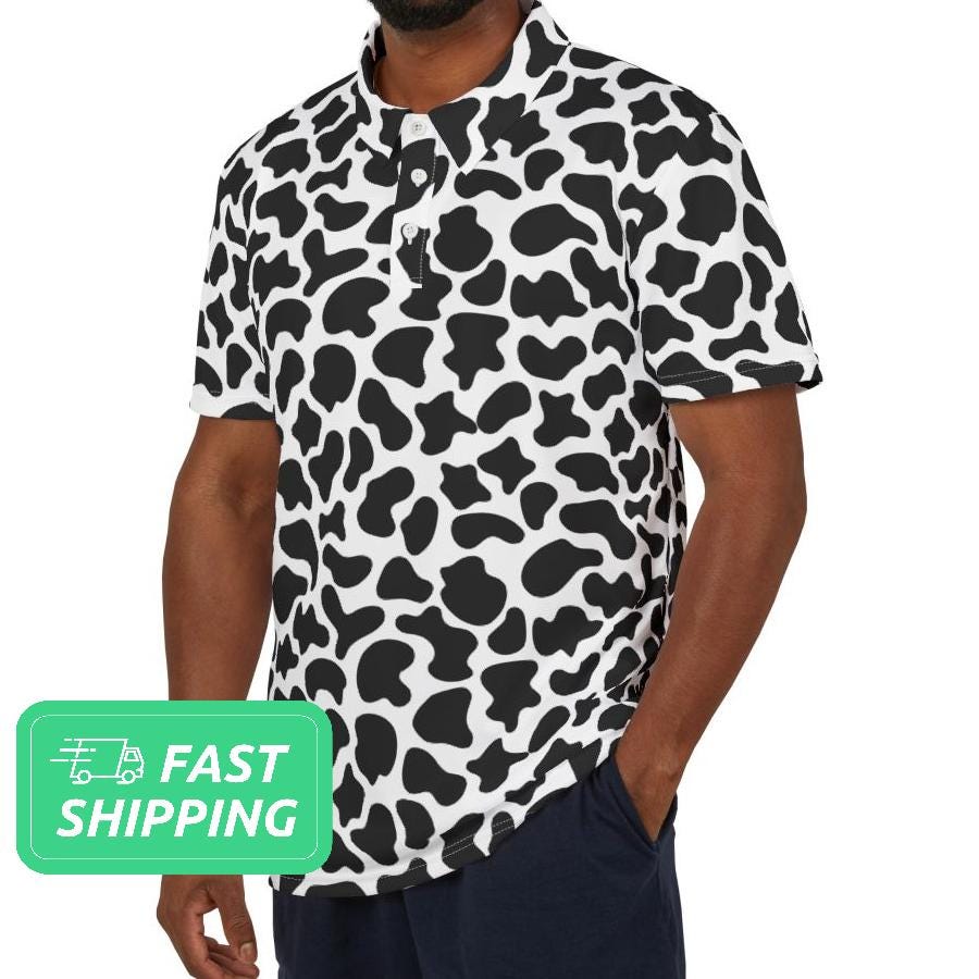 Polo Cow Pattern Cow Pattern Polo Shirt / Cow Print Polo Shirt / Short-sleeve Collared ...