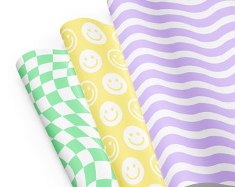 Checkered, wavy and smiley Wrapping paper sheets / funky gift wrap / retro birthday / 90s vibe giftwrap paper