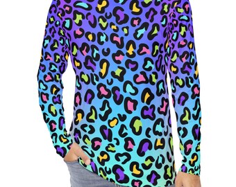 Camisa de manga larga para hombre con estampado de leopardo arcoíris / Camisa de manga larga para hombre con estampado de guepardo