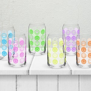 Vaso con cara sonriente / Vaso con forma de lata / Vaso para café helado con cara sonriente / Vaso de vidrio con cara sonriente / Vasos con forma de lata de refresco / Vaso de vidrio feliz / Tarro de cristal