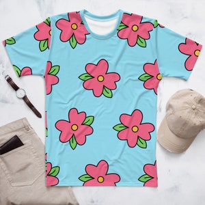Homer simpson flower T-shirt. Pink flowers. Floral pattern printed shirt. Homer costume. Blue and pink muumuu shirt