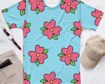 Homer simpson flower T-shirt. Pink flowers. Floral pattern printed shirt. Homer costume. Blue and pink muumuu shirt - Halloween