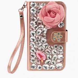 Bling Wallet Case Cover for Iphone 11 12 13 14 15 16 17 Plus Pro Max Pink Flower