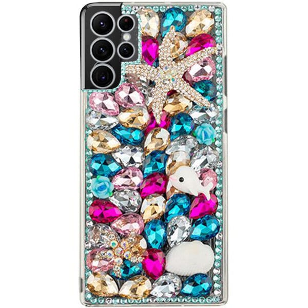 Diamond Bling Rhinestone Case Cover for Samsung S20 S21 S22 S23 FE Plus Ultra Note 20 Pink Starfish Seashells