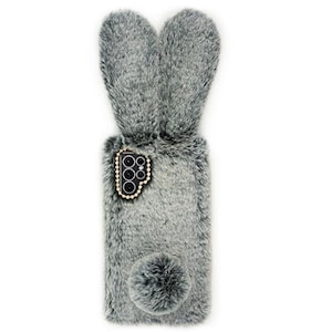 Bunny Rabbit Fur Fuzzy Furry Case Cover for Samsung S20 S21 S22 S23 S24 S25 Note FE Plus Ultra Grey Gray