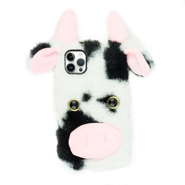 Cow Furry Fuzzy Fur Case Cover for Iphone 7 8 XR 11 12 13 14 Mini Max Plus Pink Black