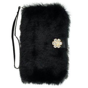 Funda tipo billetera peluda de piel para iPhone 11, 12, 13, 14, 15, 16 Plus, Pro Max, color negro