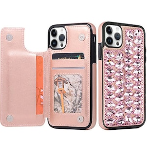 Funda con tarjetero y diamantes brillantes de color rosa para iPhone 11, 12, 13, 14 Plus, Pro Max