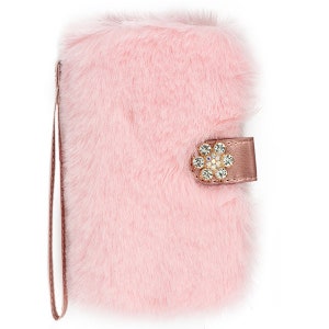 Funda tipo billetera con pelo peludo y difuso para iPhone 11, 12, 13, 14, 15, 16 Plus, Pro Max, color rosa