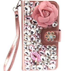 Bling Wallet desmontable para Samsung S20 S21 S22 S23 Note 20 Plus Ultra Diamond Glitter Pink Flower