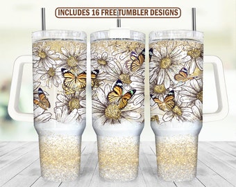 Butterfly and Daisies 40oz Quencher Tumbler Wrap - Seamless PNG Tumbler Design Sublimation Designs Downloads - PNG