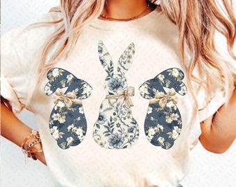 Blue Floral Toile Easter Bunny png, Easter Design, Blue Grand Millennial Easter Png, Blue Floral Chinoiserie Bunny Png, Easter Coquette