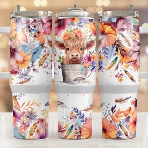Baby Highland Cow In a Bucket 40 oz Tumbler Wrap Boho Flowers Tumbler Sublimation Designs 40oz Quencher Tumbler Wrap, Highland Cow PNG