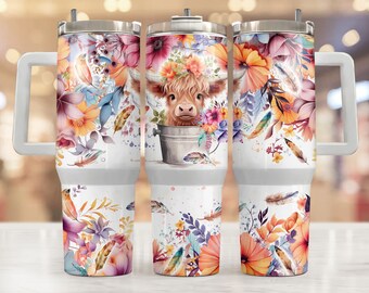 Baby Highland Cow In a Bucket 40 oz Tumbler Wrap Boho Flowers Tumbler Sublimation Designs 40oz Quencher Tumbler Wrap, Highland Cow PNG