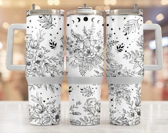Boho Flowers Black and White 40 oz 2 piece Tumbler Wrap, 40oz Sublimation Design, Seamless 40oz Tumbler Wrap, Sublimation Downloads PNG