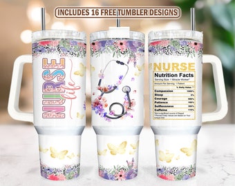 Floral Nurse 40oz Tumbler Sublimation Designs, Leopard Nurse Tumble, 40oz Tumbler, Gold Glitter Nurse Appreciation, PNG Digital Download