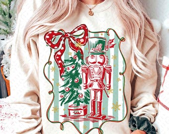 Preppy Nutcracker Christmas PNG, Vintage Christmas Tree PNG, Retro Christmas Png, Christmas Bow Sublimation PNG, Merry And Bright png