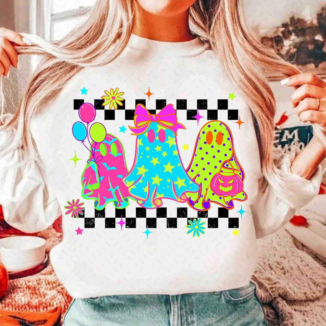 Checkered Neon Halloween Ghost Png, Cute Boo Ghost Coquette Png ...