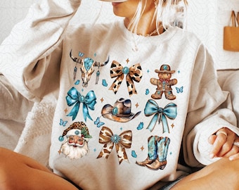 Coquette de Noël western PNG, Western pierres précieuses noeuds de vache, cowboy du père Noël, bottes pain d'épice en téléchargement numérique Noël maman Design