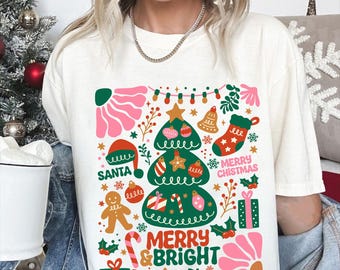 Merry and Bright Christmas Hand Drawn PNG, Christmas Sublimation PNG, Christmas Tree Png, Holiday Vibes Png, Candy Cane, Gingerbread