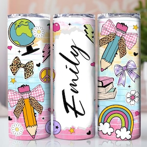 Teacher Tumbler Wrap Design Coquette School Add Your Own Name/Text Seamless Sublimation 20 oz Skinny Tumbler PNG Digital Download