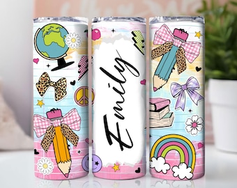 Teacher Tumbler Wrap Design Coquette School Add Your Own Name/Text Seamless Sublimation 20 oz Skinny Tumbler PNG Digital Download