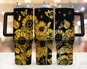 Girasol 40 oz Vaso láser Archivo SVG Floral Vaso sin costuras, Envoltura de vaso completo archivos grabados rotativos láser para grabado láser SVG