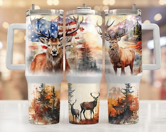 Rustic Elk 40oz Tumbler Wrap - PNG Tumbler Design Sublimation Designs Downloads - Hunting Sublimation Tumbler with Handle Wrap