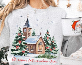 Oh Come Let Us Adore Him Png, Jesus Christmas PNG, Coquette Christmas Tree Png, Hand Drawn, Christian Christmas Png, Watercolor Christmas