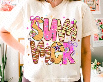 Adrettes Sommereis Png, Sommer-Shirt Png, Eistüte Tropfenfänger, Mädchen Reise Png, Blumen kokett Bogen Sommer PNG, Girly Sommer Png Design