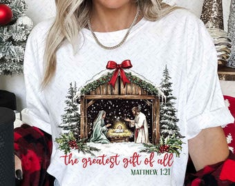 Greatest Gift of all PNG, Bow Nativity Coquette Christmas Sublimation PNG Design, Hand Drawn, Manger PNG, Bow Manger Png, Christmas Bo