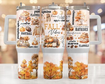 Fall Vibes 40oz Tumbler Wrap - PNG Tumbler Design Sublimation Designs Downloads - Autumn Pumpkin Sublimation Tumbler with Handle Wrap