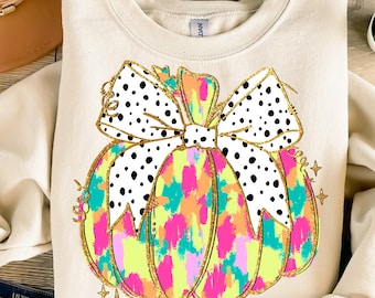 Colorful Coquette gold glitter pumpkin png girls fall pumpkin design dtf Halloween girls fall png kids fall design bow acrylic brushstroke
