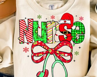 Christmas Nurse Png Shirt Gift for Christmas Season T shirt Design Christmas Coquette Bow Xmas Sweatshirt Png Retro Merry Christmas Tree Png