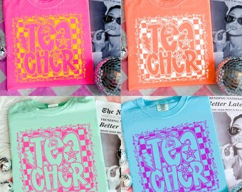 Retro Teacher PNG, Colorful Checkerboard Teacher Sublimation, Back to School Png, Groovy Love Them Teach Them Png