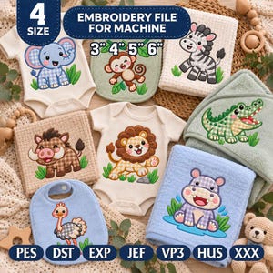 Pode incluir: Arquivo de bordado para máquina com desenhos de animais: elefante, macaco, zebra, javali, leão, crocodilo, avestruz e hipopótamo. O texto diz 4 SIZE, EMBROIDERY FILE FOR MACHINE, 3 4 5 6, PES, DST, EXP, JEF, VP3, HUS, XXX.