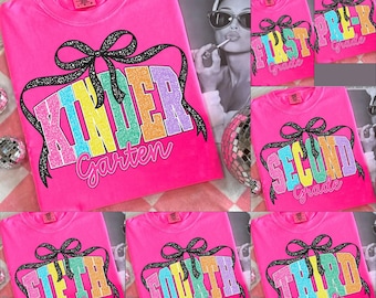 Coquette Back to School PNG-bundel Varsity Grades Kleuterschool Pre-K 1e 2d 3d 4e 5e 6e eerste dag Preppy doodle handgetekende leraar meisje